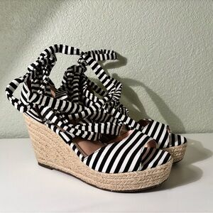 Women’s black and white stripe wedge sandals